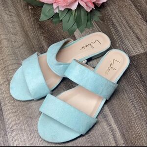 Lulu's Cyan Blue Slide Sandals Double Strap Womens Size 7 Beach Chic Feminine